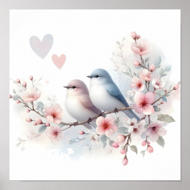 Vår kärlek fåglar Körsbärsblomning Blommig Poster (Framsidan)