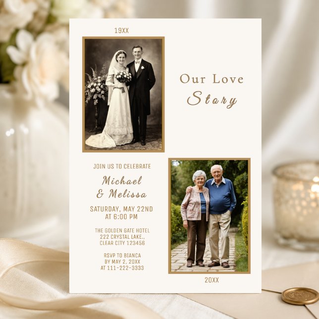 Vår kärlekshistoria årsdagskort inbjudningar (Elegant our love story anniversary invitation with timeless ivory and gold romance)