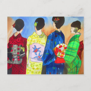 Vår Kimono Japansk Geisha akvarell konst Vykort