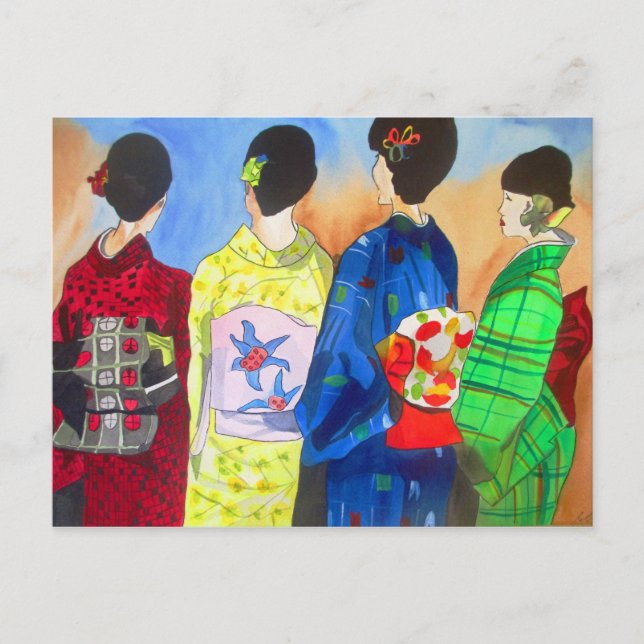 Vår Kimono Japansk Geisha akvarell konst Vykort (Framsida)