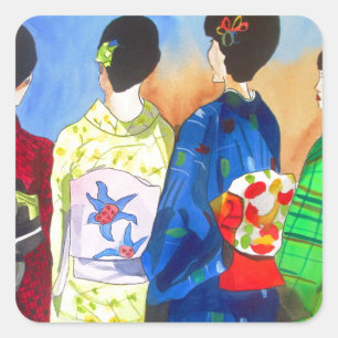 Vår kimono japansk Geisha art Fyrkantigt Klistermärke