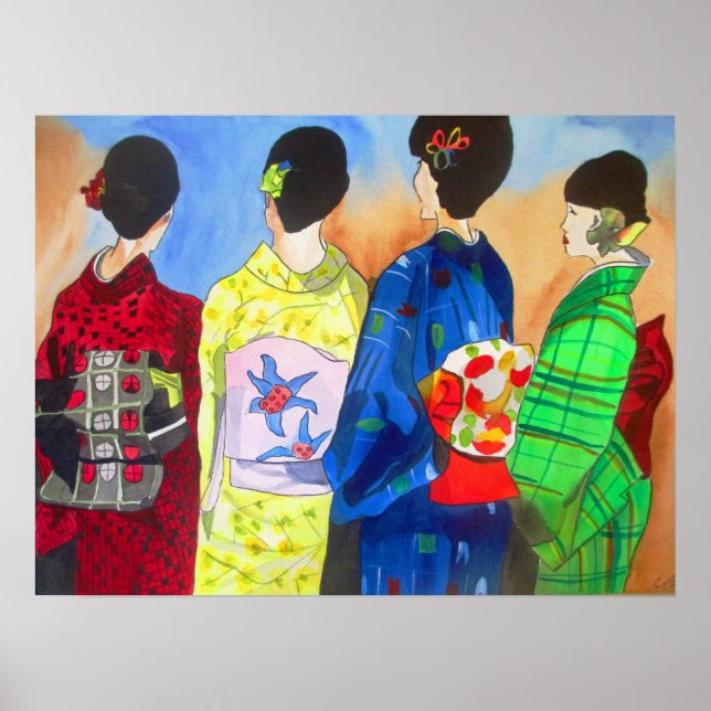Vår Kimono Japansk Geisha-vattenfärg Poster (Framsidan)