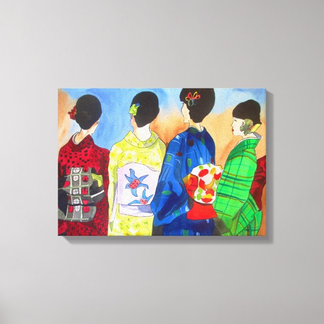 Vår Kimono Japansk Geisha-vattenfärgskonst Canvastryck (Framsida)