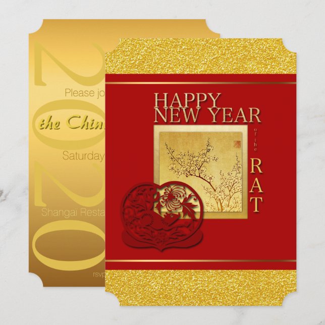 Vår kinesiska Råtta-året 2020 Party Inbjudan (Fram/baksida)