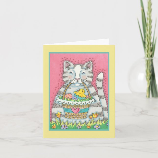 VÅR KITTEN & PÅSK BASKET, KAT-NOTKORT tomt Helgkort (Framsida)