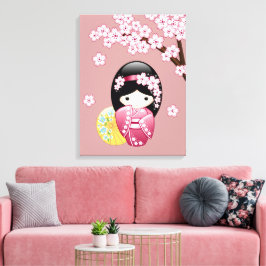 Vår Kokeshi-docka - Söt japansk geisha i rosa Canvastryck