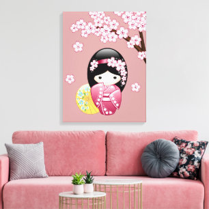 Vår Kokeshi-docka - Söt japansk geisha i rosa Canvastryck