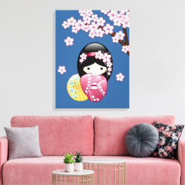 Vår Kokeshi-docka - Söt japansk geisha på blå bakg Canvastryck
