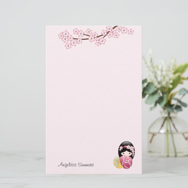 Vår Kokeshi Doll Cute Geisha Girl Rosa Brevpapper (Stående Fram)