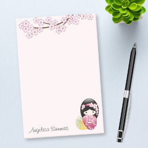 Vår Kokeshi Doll Cute Geisha Girl Rosa Post-it Block