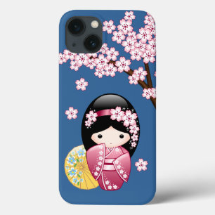 Vår Kokeshi Doll - Cute Japansk Geisha på Blue
