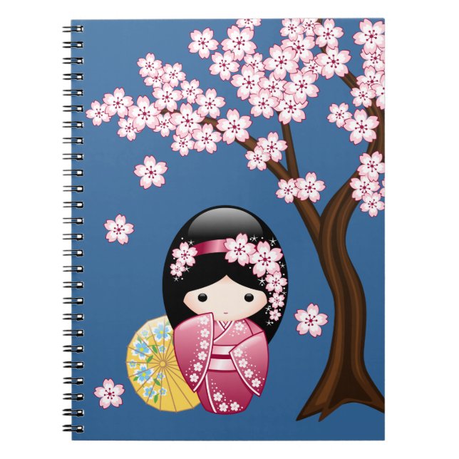 Vår Kokeshi Doll - Cute Japansk Geisha på Blue Anteckningsbok (Framsidan)