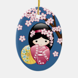 Vår Kokeshi Doll - Cute Japansk Geisha på Blue Julgransprydnad Keramik
