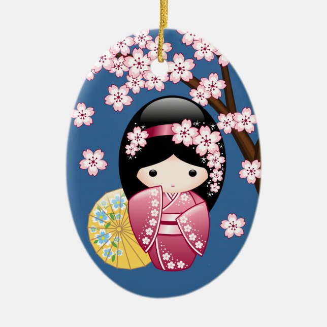 Vår Kokeshi Doll - Cute Japansk Geisha på Blue Julgransprydnad Keramik (Framsidan)