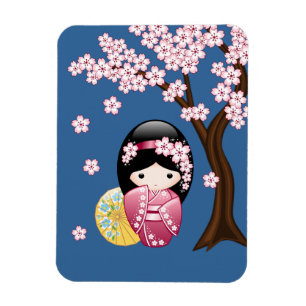 Vår Kokeshi Doll - Cute Japansk Geisha på Blue Magnet