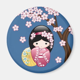 Vår Kokeshi Doll - Cute Japansk Geisha på Blue Magnet