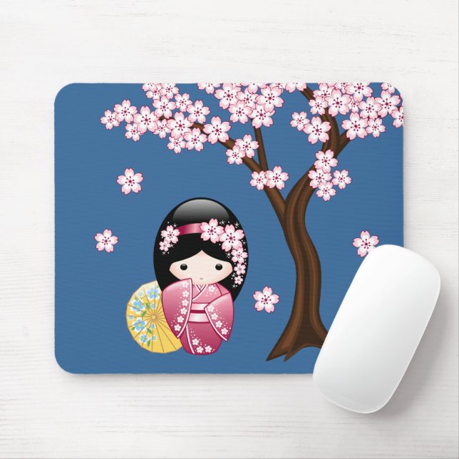 Vår Kokeshi Doll - Cute Japansk Geisha på Blue Musmatta (Med mus)