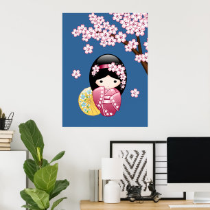 Vår Kokeshi Doll - Cute Japansk Geisha på Blue Poster
