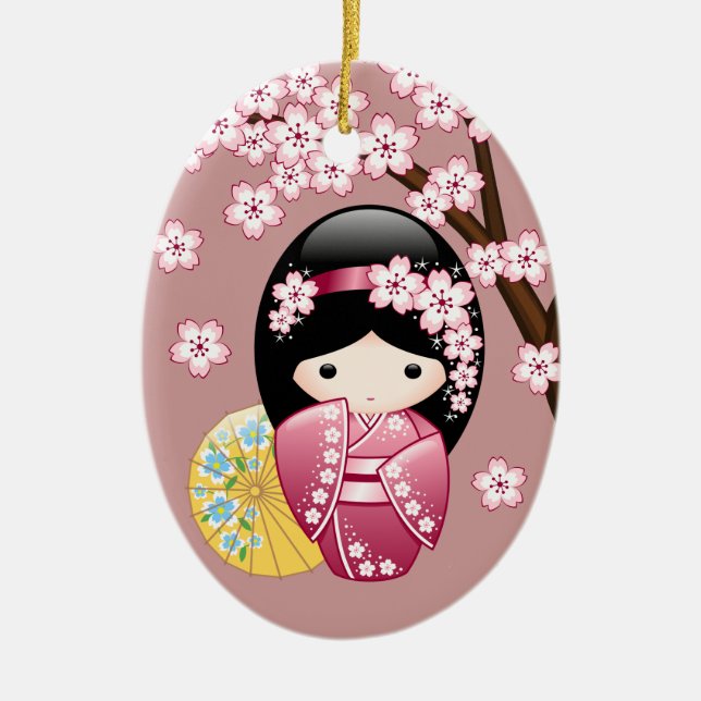 Vår Kokeshi Doll - Cute Japansk Geisha på Rosan Julgransprydnad Keramik (Framsidan)