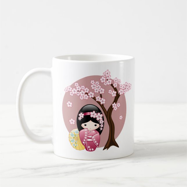 Vår Kokeshi Doll - Cute Japansk Geisha på Rosan Kaffemugg (Vänster)