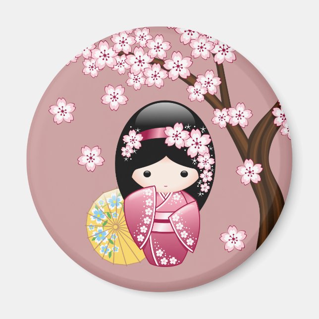 Vår Kokeshi Doll - Cute Japansk Geisha på Rosan Magnet (Framsidan)