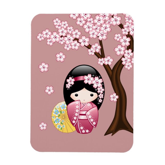 Vår Kokeshi Doll - Cute Japansk Geisha på Rosan Magnet (Vertikal)