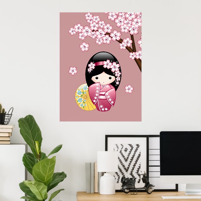 Vår Kokeshi Doll - Cute Japansk Geisha på Rosan Poster (Hemmakontoret)