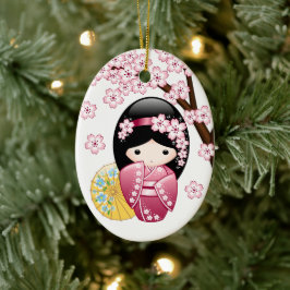 Vår Kokeshi Doll - Cute Japansk Geisha White Julgransprydnad Keramik