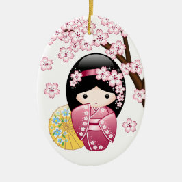 Vår Kokeshi Doll - Cute Japansk Geisha White Julgransprydnad Keramik