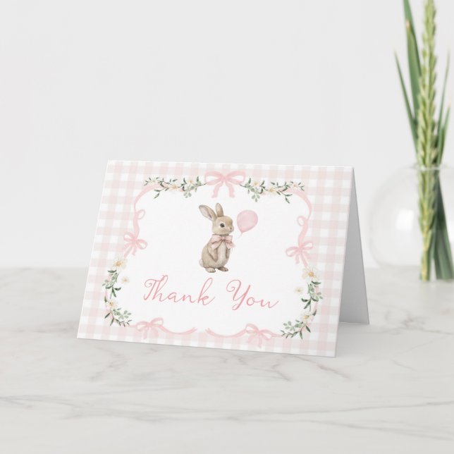 Vår Kokett Kanin Rosa Gingham 1-årsdag Tack Kort (Framsida)