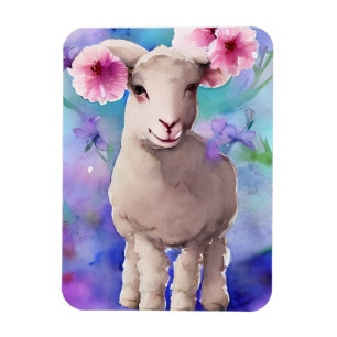 Vår Lamb Blommigt Vattenfärg Magnet