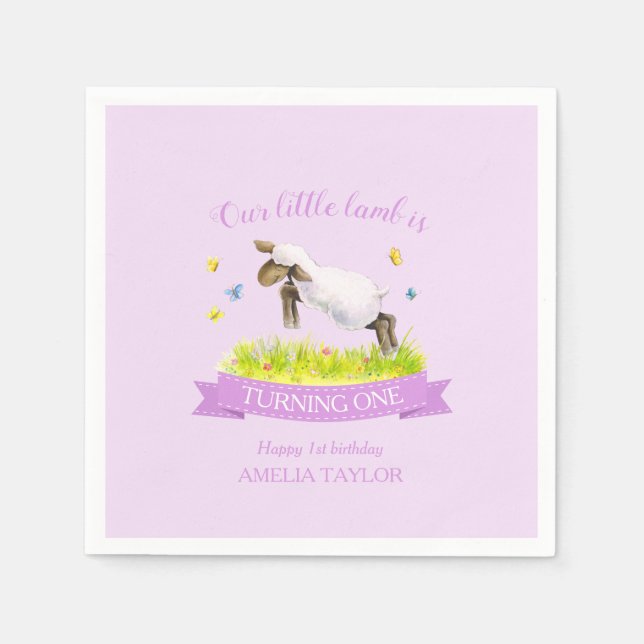 Vår lamb hoppar över söt lila 1:a födelsedag pappersservett (Framsidan)