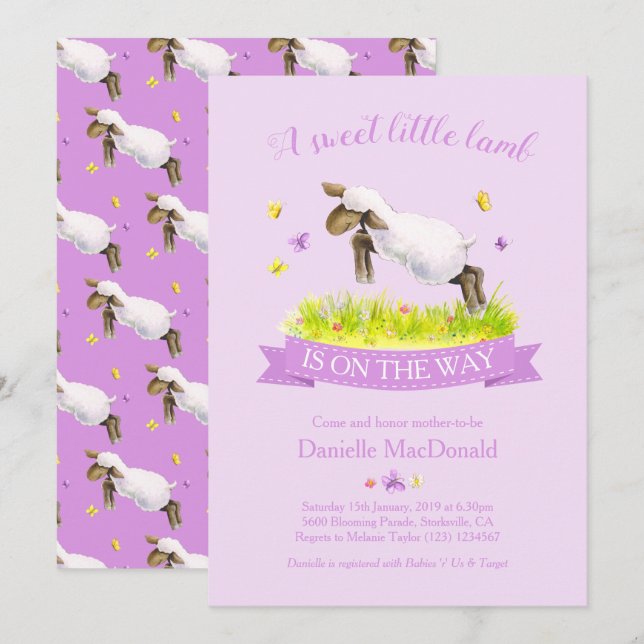 Vår lamb hoppar över söt lila babydusch inbjudningar (Fram/baksida)