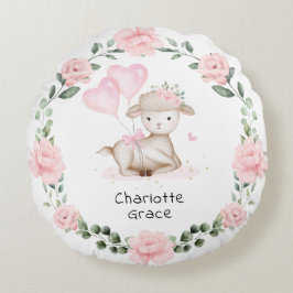 Vår Lamb Rosa Blommigt Utandning Flicka Nursery Rund Kudde