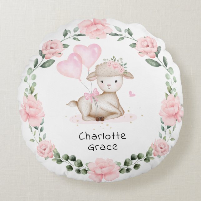 Vår Lamb Rosa Blommigt Utandning Flicka Nursery Rund Kudde (Framsidan)
