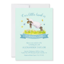 Vår lamm hoppar över söta 1:a födelsedagsinbjudnin