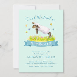 Vår lamm hoppar över söta 1:a födelsedagsinbjudnin inbjudningar