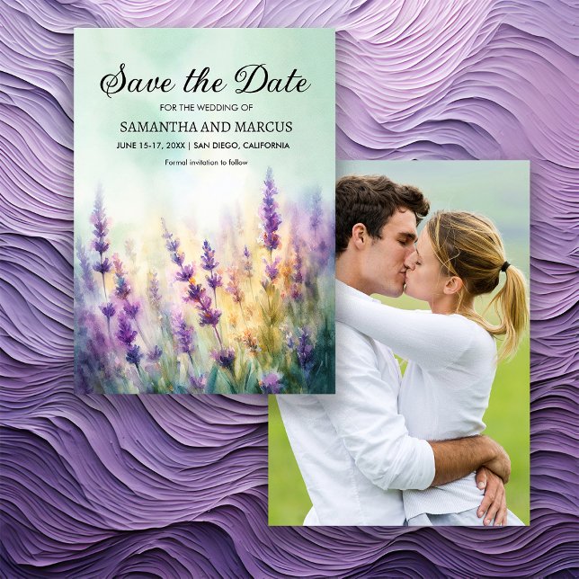 Vår Lavender Blommigt Bröllop fotodatum för  Spara Spara Datumet (Purple lavender floral springtime/summer wedding Save the Date photo card)