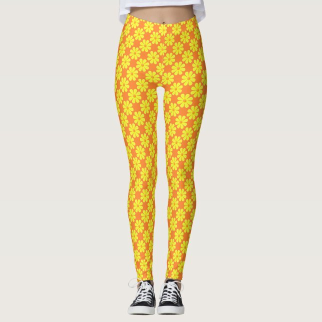 Vår light gula blommor på ljusa orange leggings (Framsida)