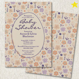 Vår lila blomma doodle ritningar baby shower inbjudningar