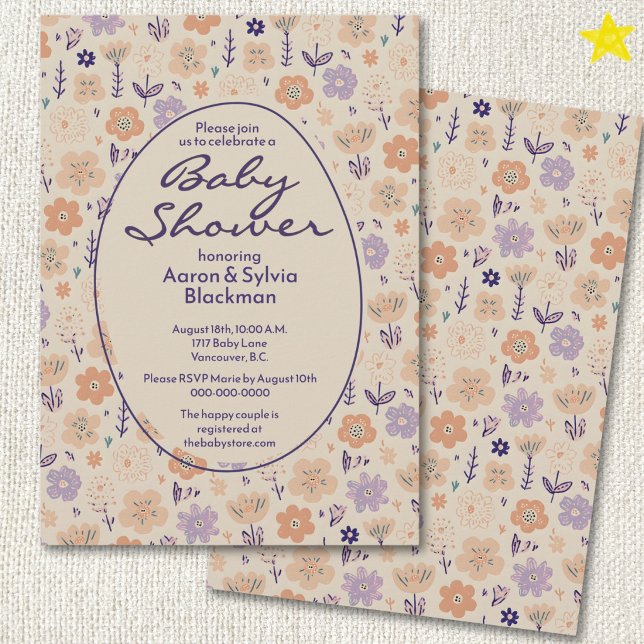Vår lila blomma doodle ritningar baby shower inbjudningar (Skapare uppladdad)