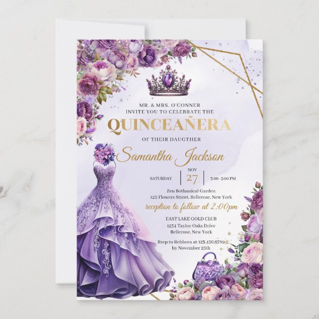 Vår lila blommor Princess Dress Quinceanera Inbjudningar (Framsida)
