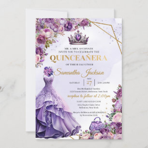 Vår lila blommor Princess Dress Quinceanera Inbjudningar