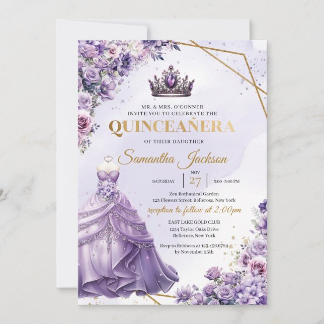 Vår lila blommor Princess Dress Quinceañera Inbjudningar (Framsida)