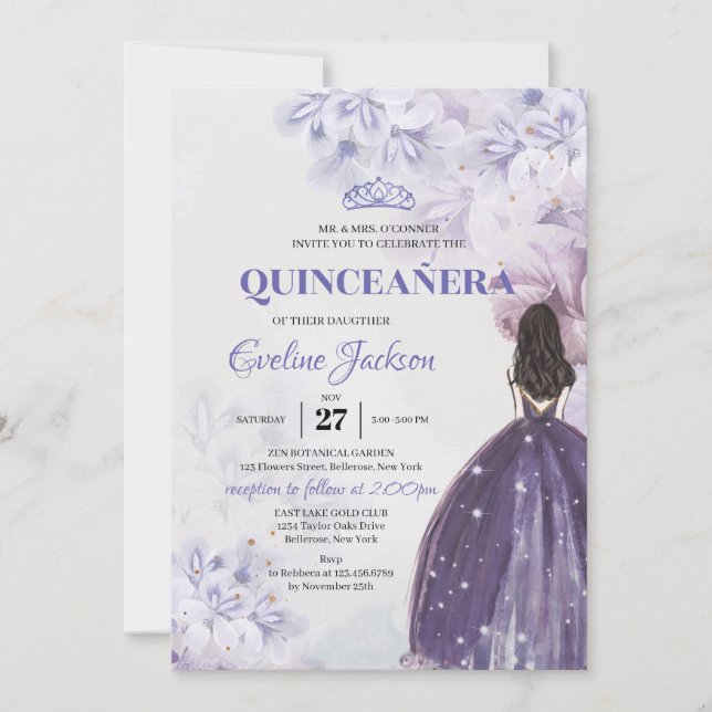 Vår lila blommor Princess Dress Quinceanera Inbjudningar (Framsida)