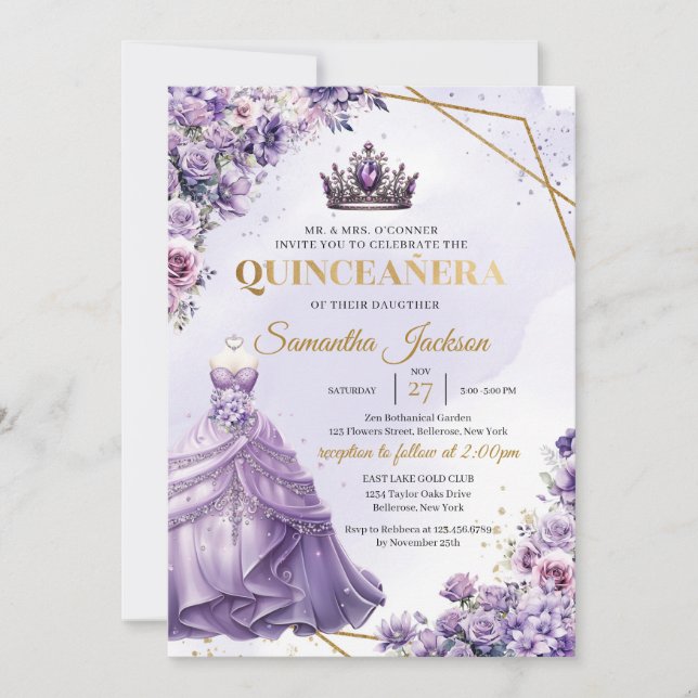Vår lila blommor Princess Dress Quinceañera Inbjudningar (Framsida)