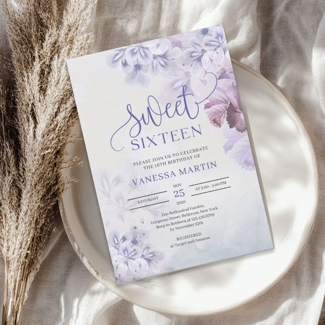 Vår lila dammiga blå mauve boho Sweet sixteen Inbjudningar (Spring purple dusty blue mauve boho Sweet sixteen Invitation)