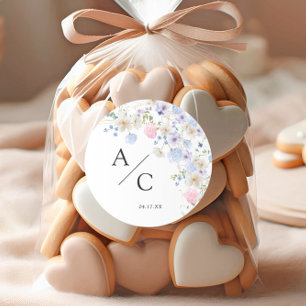 Vår Lila & Rosa Wildblommor Bröllop Runt Klistermärke