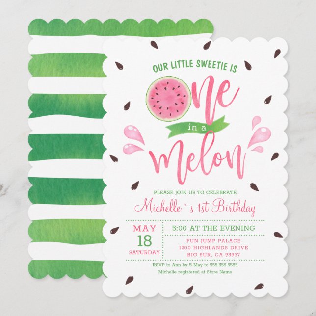 Vår lilla älskling är en i Melon Baby på födelseda Inbjudningar (Fram/baksida)