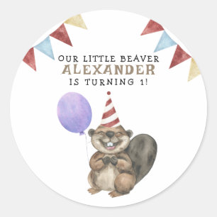 Vår lilla bävers 1-års födelsedagsfest runt klistermärke